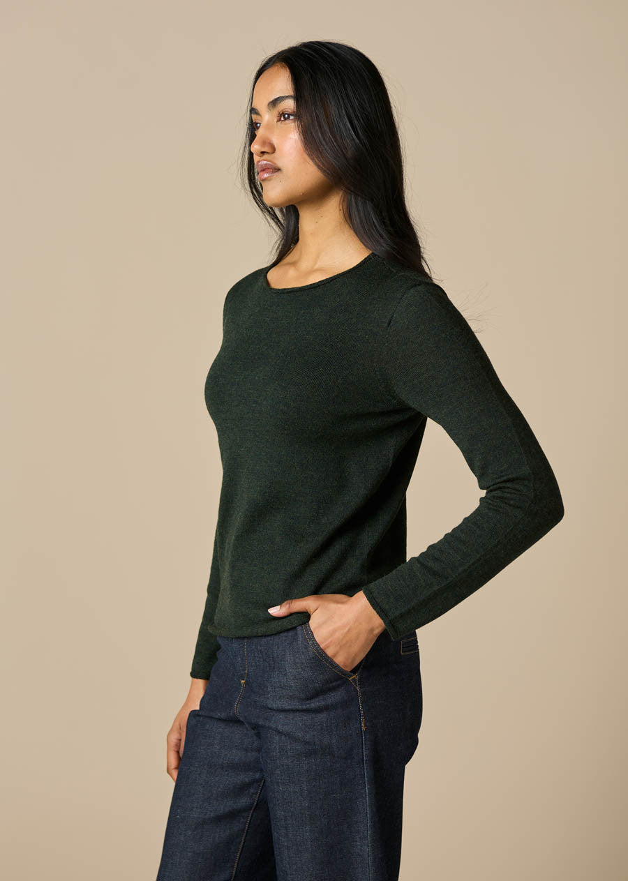UIMI - Phoebe Fine Australian Merino Wool Jersey Crew Top - Basil