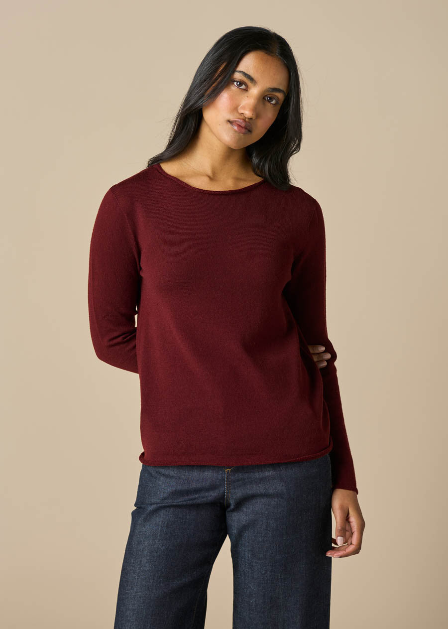 UIMI - Phoebe Fine Australian Merino Wool Jersey Crew Top - Merlot