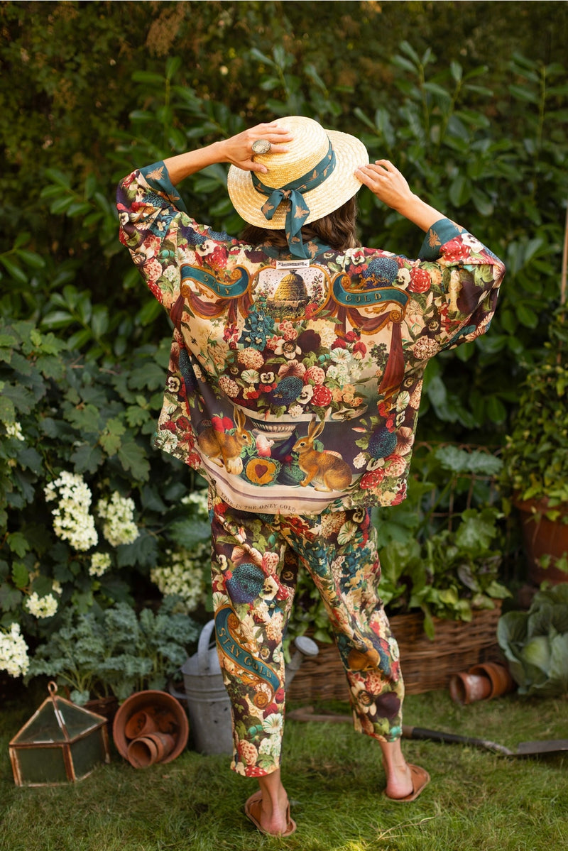 ‘Stay Gold’ Linen Cropped Artist Pant - Bees, Floral & Rabbit