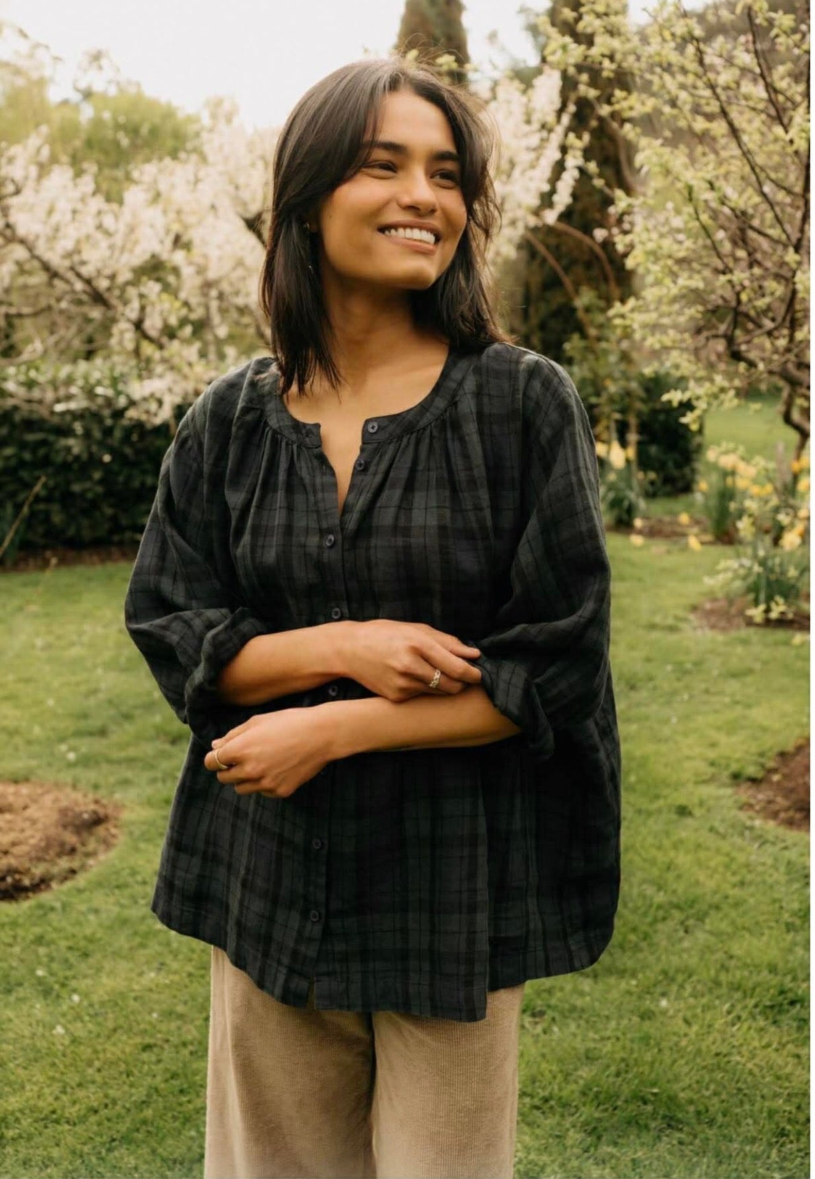 Montaigne - Carmen - Button Through Long Sleeve Top Tartan - Blue /Green