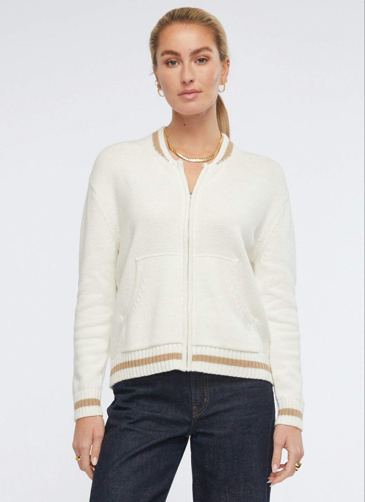 Z & P Handwork Bomber Knit Zip Cardigan - White - LAST  Size L