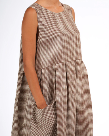 Montaigne - Sartene - French Linen Dress - Tiny Brown Gingham