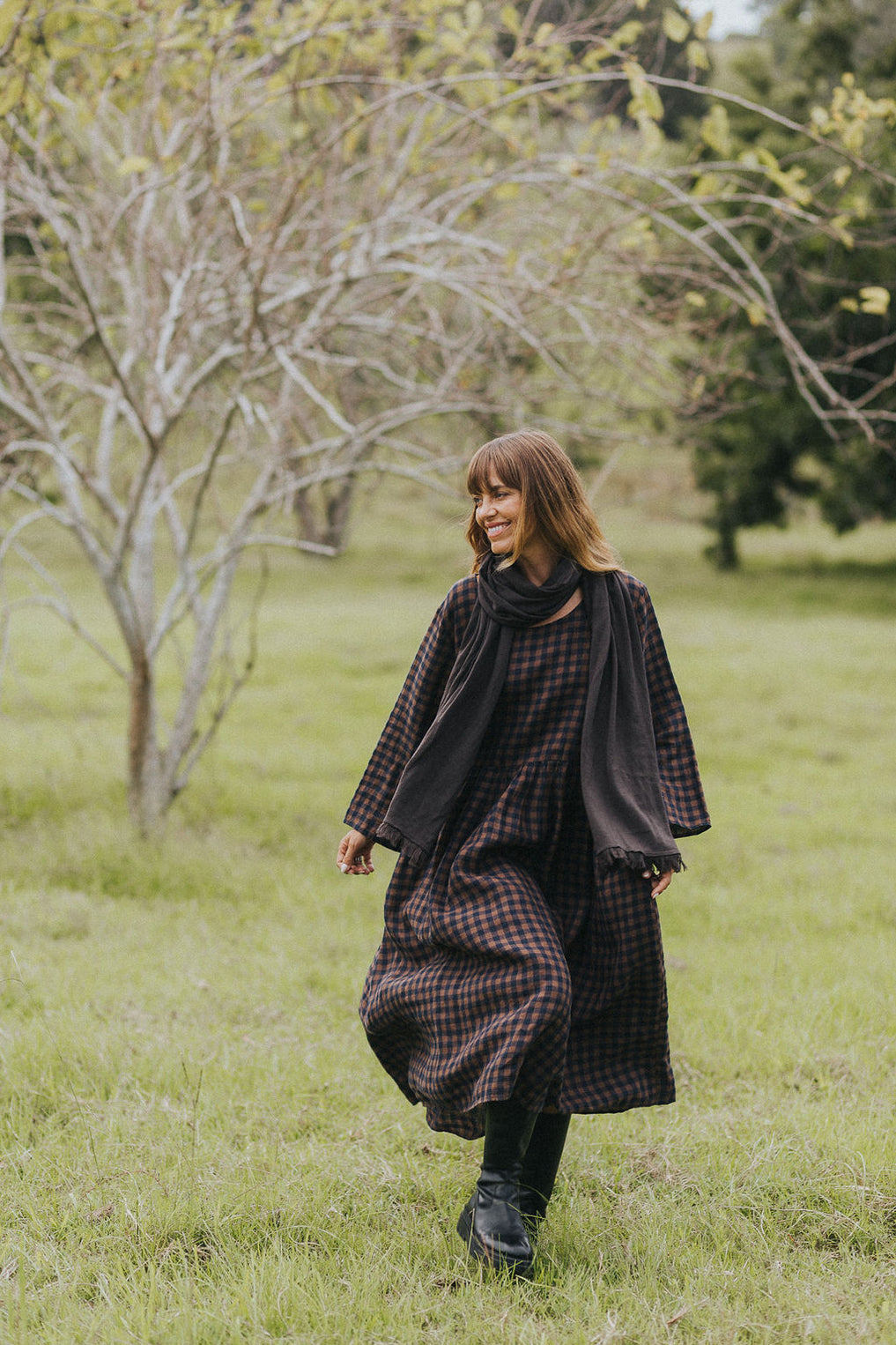 Montaigne - Journee - French Linen Dress - Blue Brown Check