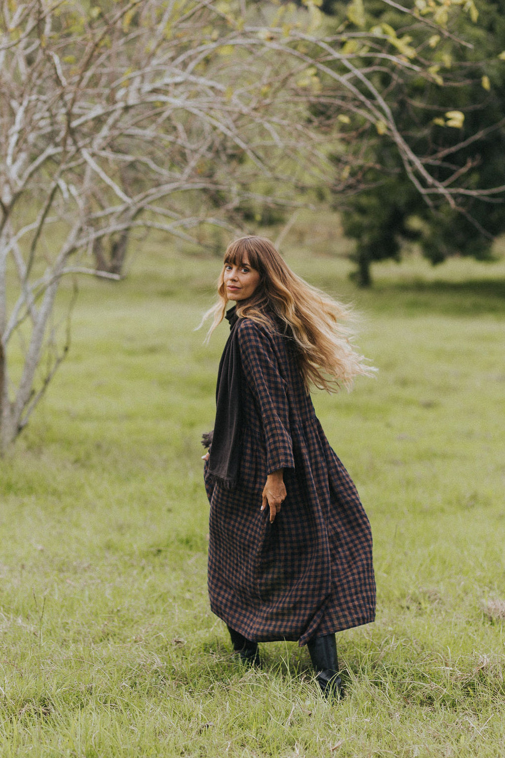 Montaigne - Journee - French Linen Dress - Blue Brown Check Ecolena Montaigne - Journee - French Linen Dress - Blue Brown Check Ecolena