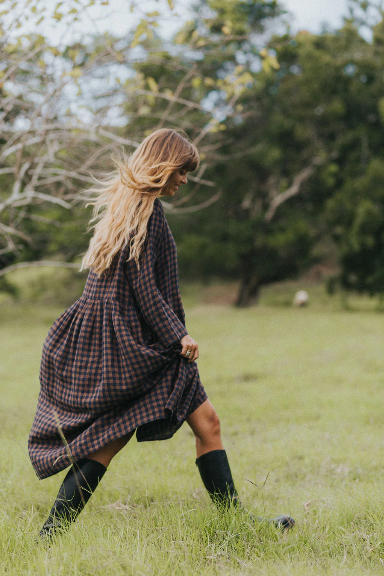 Montaigne - Journee - French Linen Dress - Blue Brown Check