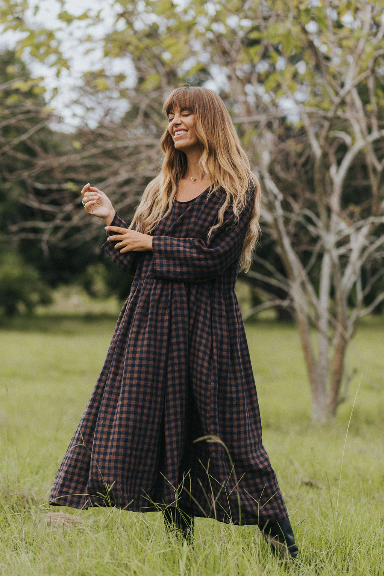 Montaigne - Journee - French Linen Dress - Blue Brown Check Ecolena Montaigne - Journee - French Linen Dress - Blue Brown Check Ecolena