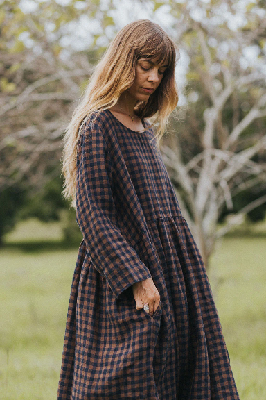 Montaigne - Journee - French Linen Dress - Blue Brown Check