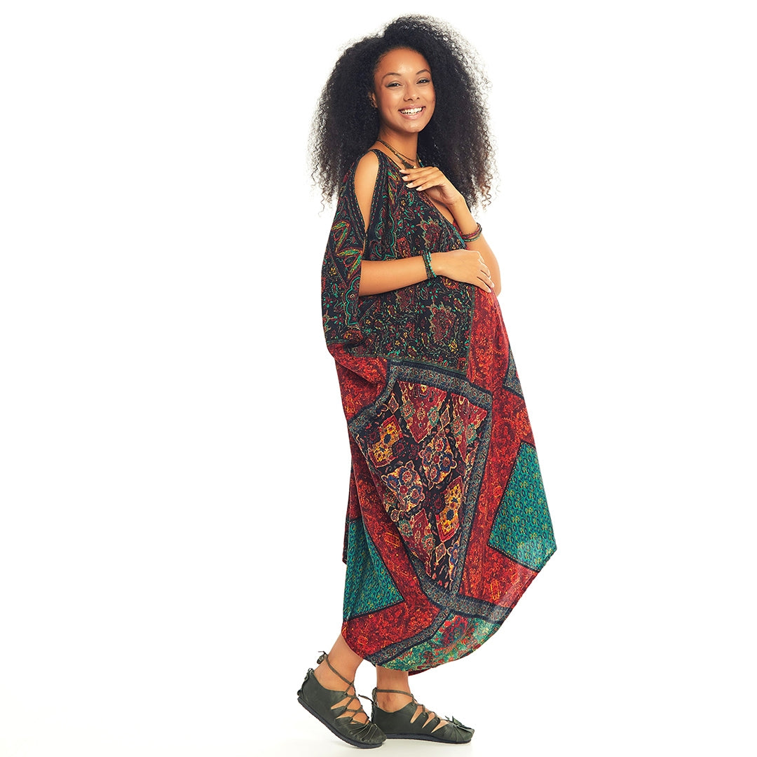 Nomad Tapestr - Patterned Low Back Bohemian Summer Dress - Black/Teal