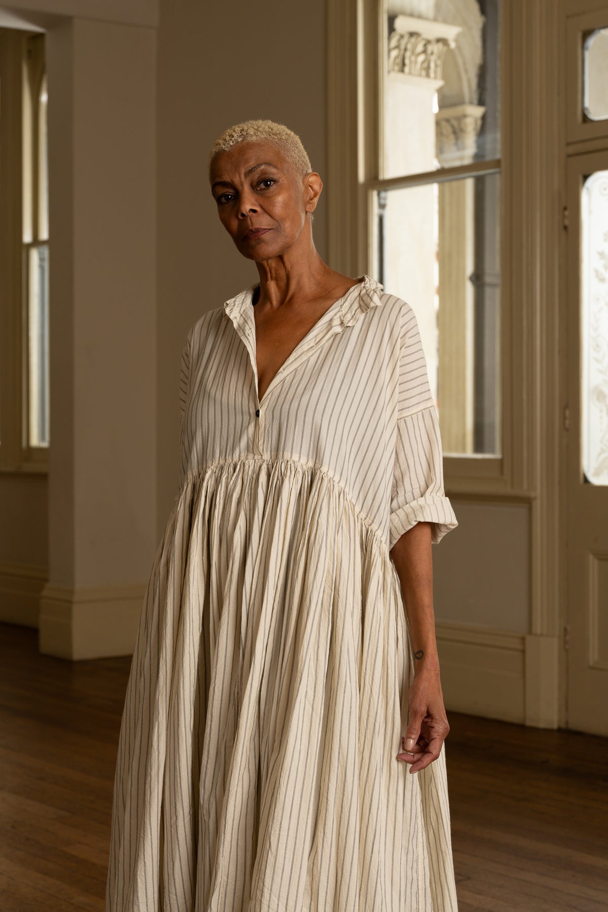 Meg By Design - Edith - Paper Cotton Long Dress - Cream Ticking