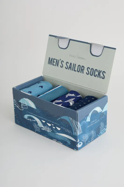 PRE-ORDER -End Of February - Seasalt Cornwall Men's Into The Blue Socks Box of 4 - Incoming Tide Mix