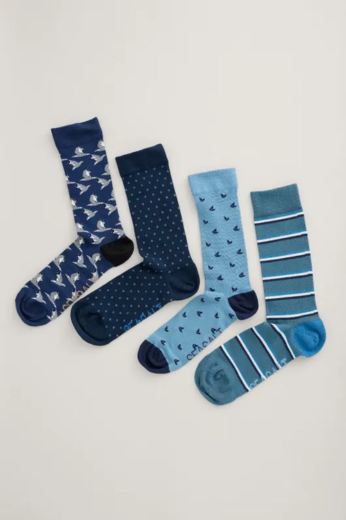 Seasalt Cornwall Men's Into The Blue Socks Box of 4 - Incoming Tide Mix