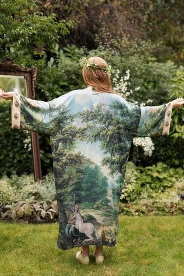 Market Of Stars - The Mythmaker - Opera Duster Bamboo Kimono Duster Robe - Landscape & Unicorn