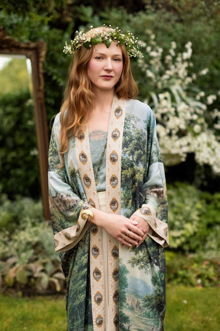 Market Of Stars - The Mythmaker - Opera Duster Bamboo Kimono Duster Robe - Landscape & Unicorn