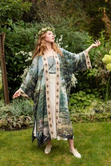 Market Of Stars - The Mythmaker - Opera Duster Bamboo Kimono Duster Robe - Landscape & Unicorn