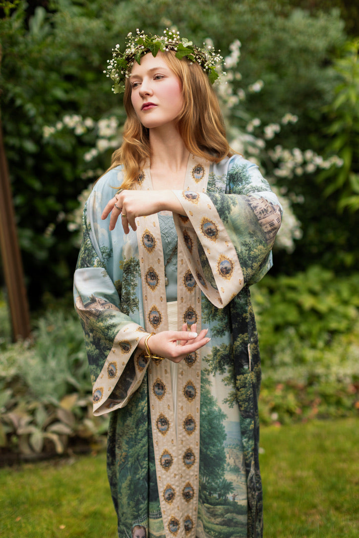 Market Of Stars - The Mythmaker - Opera Duster Bamboo Kimono Duster Robe - Landscape & Unicorn