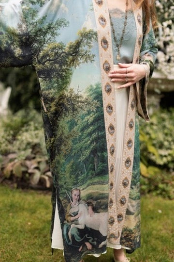 Market Of Stars - The Mythmaker - Opera Duster Bamboo Kimono Duster Robe - Landscape & Unicorn