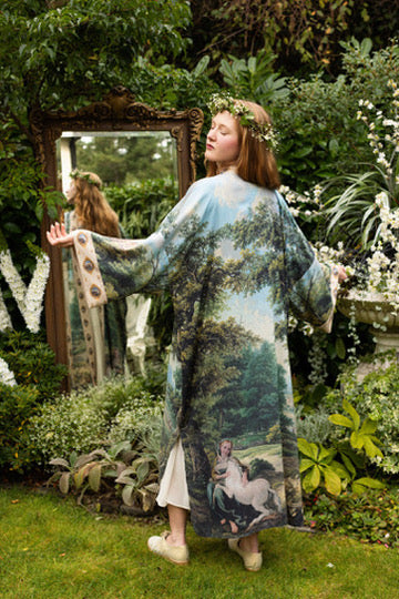 Market Of Stars - The Mythmaker - Opera Duster Bamboo Kimono Duster Robe - Landscape & Unicorn