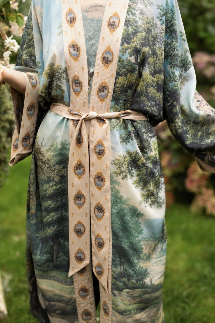 Market Of Stars - The Mythmaker - Opera Duster Bamboo Kimono Duster Robe - Landscape & Unicorn