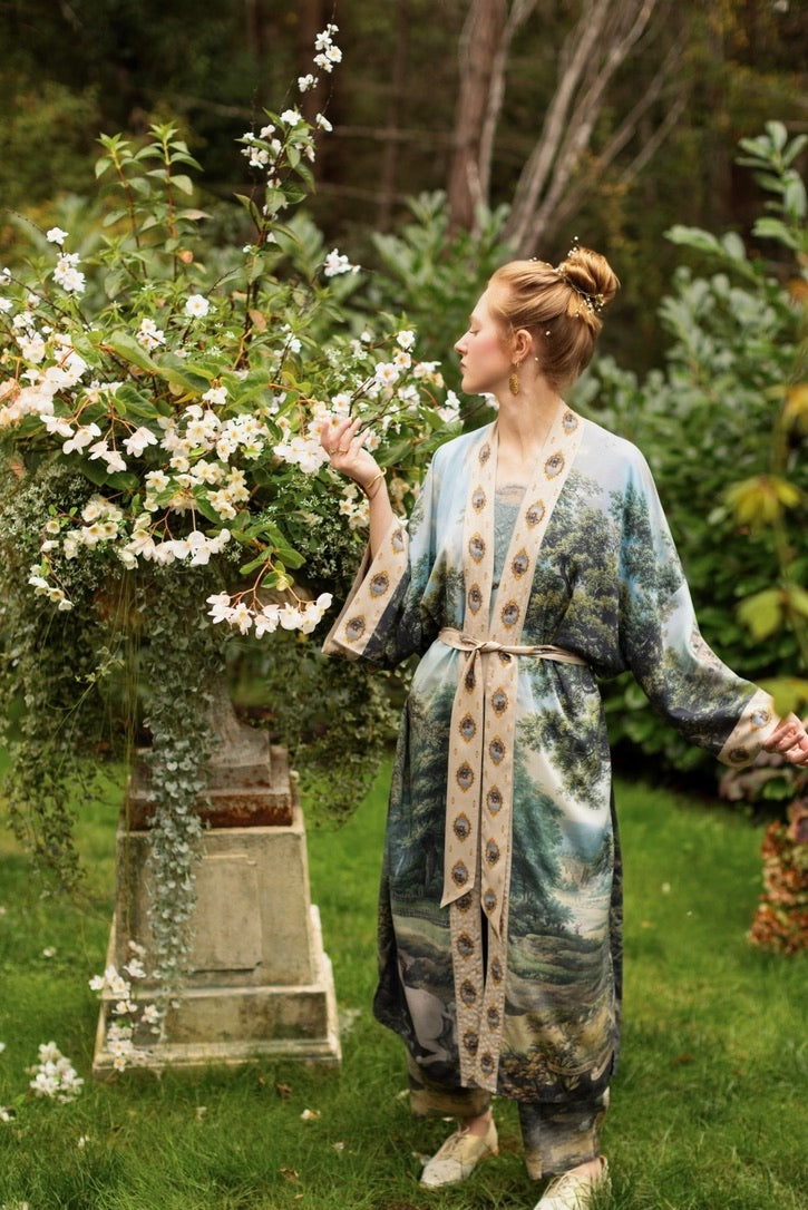 Market Of Stars - The Mythmaker - Opera Duster Bamboo Kimono Duster Robe - Landscape & Unicorn