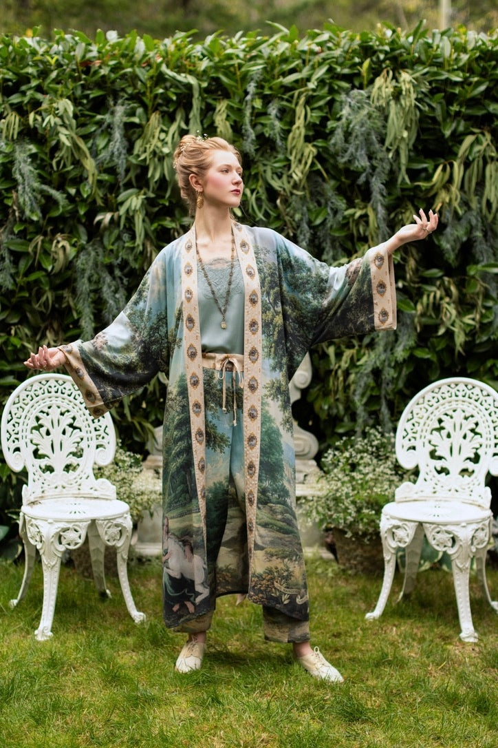 Market Of Stars - The Mythmaker - Opera Duster Bamboo Kimono Duster Robe - Landscape & Unicorn