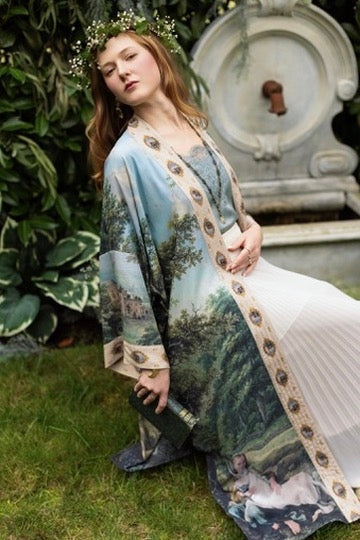 Market Of Stars - The Mythmaker - Opera Duster Bamboo Kimono Duster Robe - Landscape & Unicorn