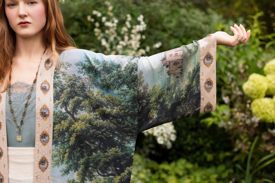 Market Of Stars - The Mythmaker - Opera Duster Bamboo Kimono Duster Robe - Landscape & Unicorn