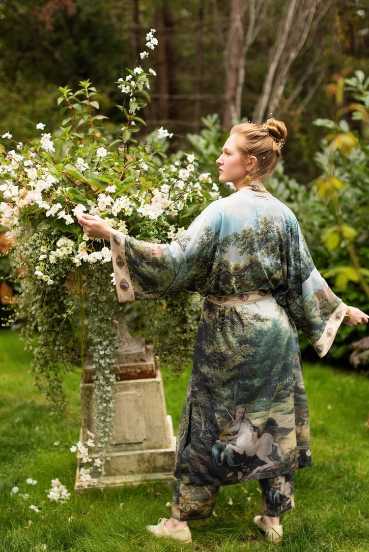 Market Of Stars - The Mythmaker - Opera Duster Bamboo Kimono Duster Robe - Landscape & Unicorn