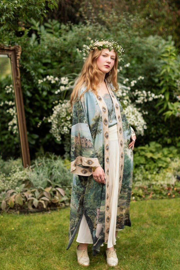 Market Of Stars - The Mythmaker - Opera Duster Bamboo Kimono Duster Robe - Landscape & Unicorn
