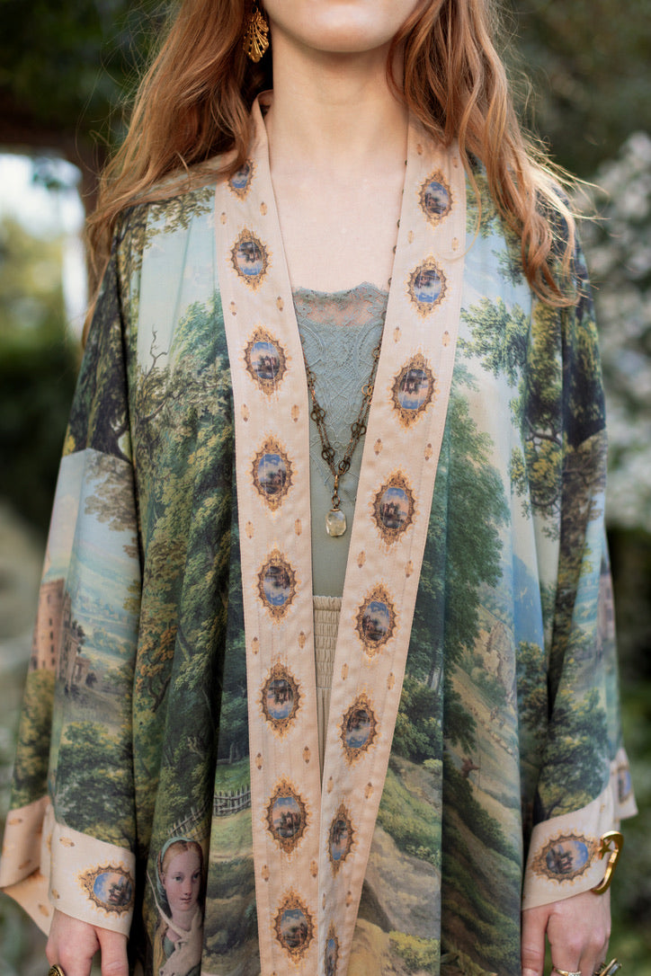 Market Of Stars - The Mythmaker - Matinée Cropped Duster Kimono - Landscape & Unicorn
