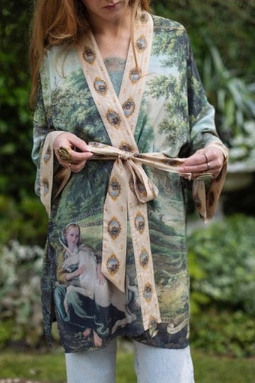 Market Of Stars - The Mythmaker - Matinée Cropped Duster Kimono - Landscape & Unicorn
