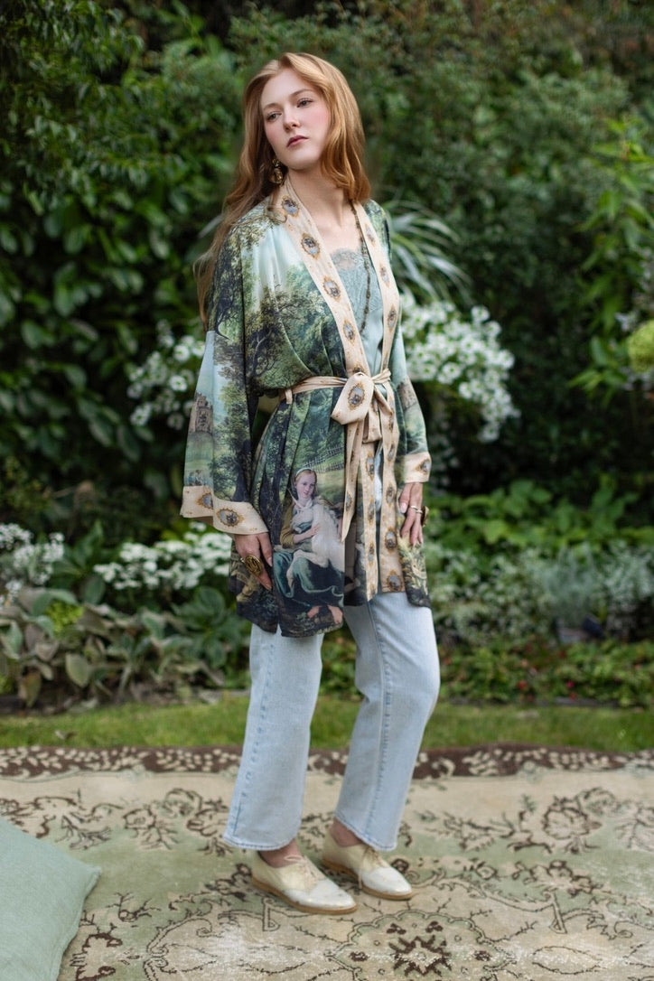 Market Of Stars - The Mythmaker - Matinée Cropped Duster Kimono - Landscape & Unicorn