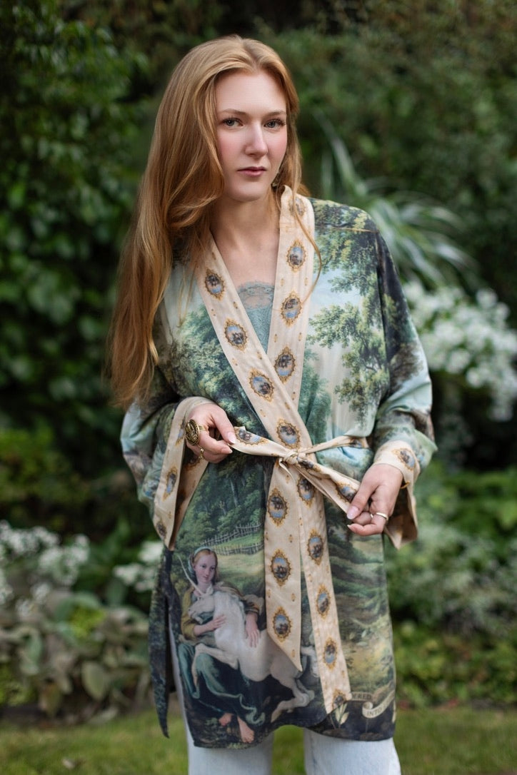 Market Of Stars - The Mythmaker - Matinée Cropped Duster Kimono - Landscape & Unicorn