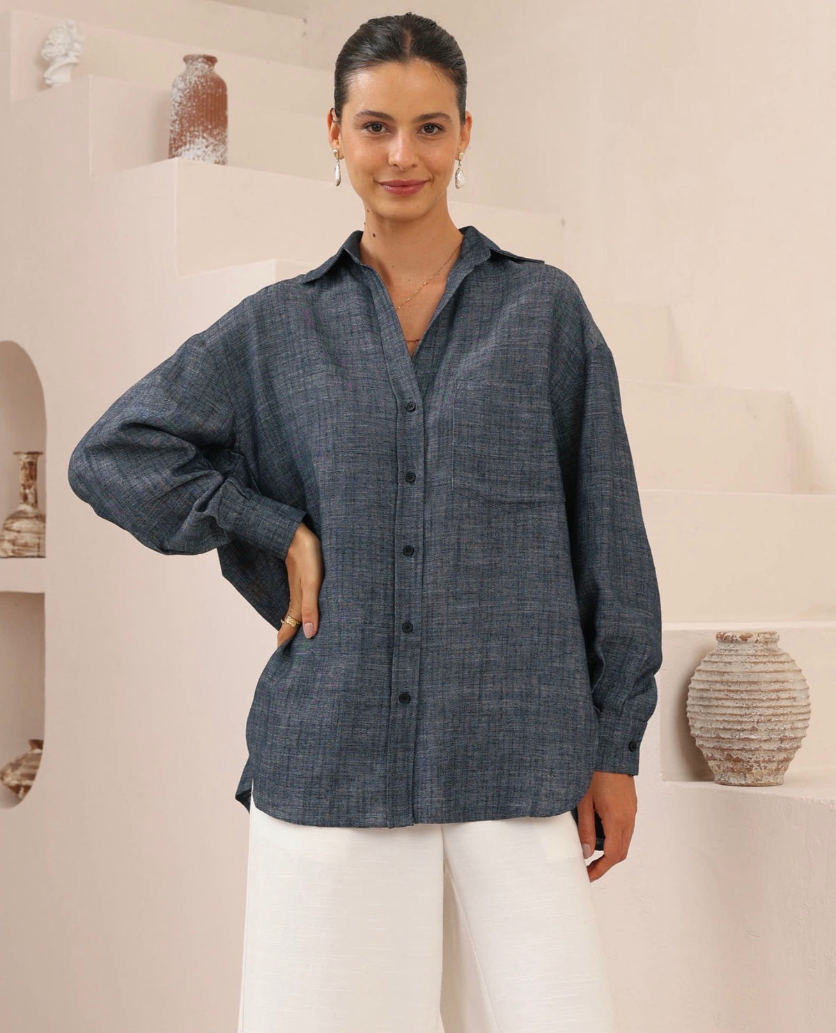 IRIS MAXI -  Slate Ease - Relaxed Linen Blend Shirt - Denim Blue