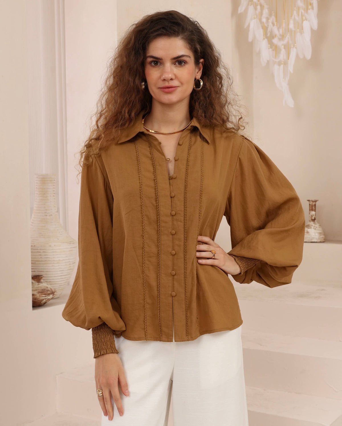 IRIS MAXI — Vintage Button Detail Blouse - Rust