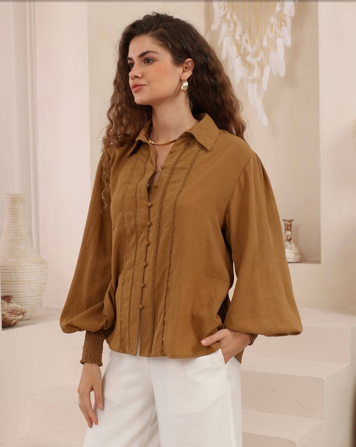 IRIS MAXI — Vintage Button Detail Blouse - Rust