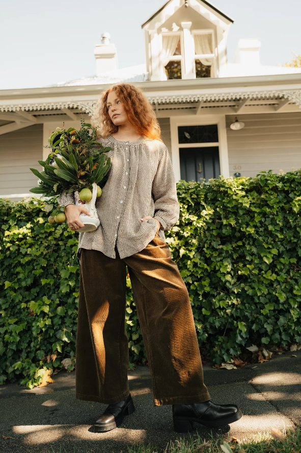 Montaigne - Carmen - Button Through Long Sleeve Top in Tiny Brown Gingham