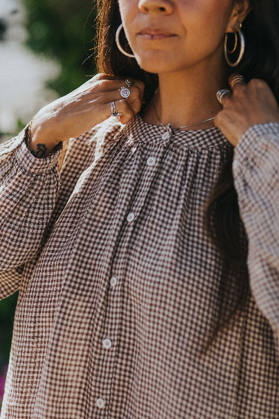 Montaigne - Carmen - Button Through Long Sleeve Top in Tiny Brown Gingham