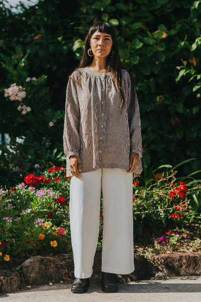 Montaigne - Carmen - Button Through Long Sleeve Top in Tiny Brown Gingham