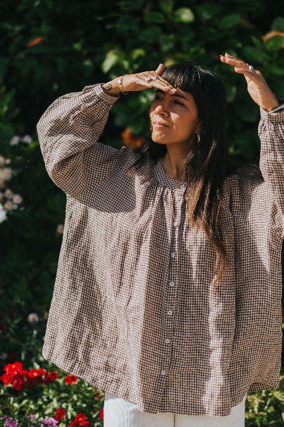 Montaigne - Carmen - Button Through Long Sleeve Top in Tiny Brown Gingham
