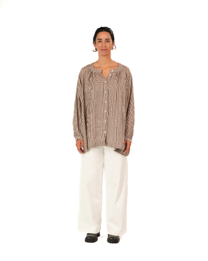 Montaigne - Carmen - Button Through Long Sleeve Top in Tiny Brown Gingham