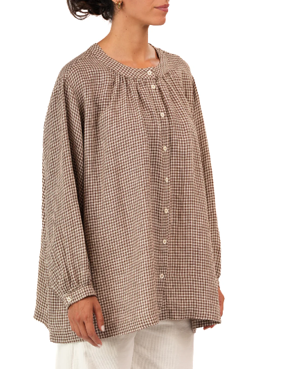 Montaigne - Carmen - Button Through Long Sleeve Top in Tiny Brown Gingham