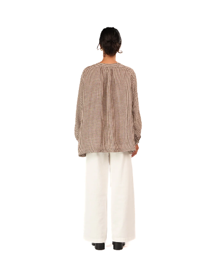 Montaigne - Carmen - Button Through Long Sleeve Top in Tiny Brown Gingham