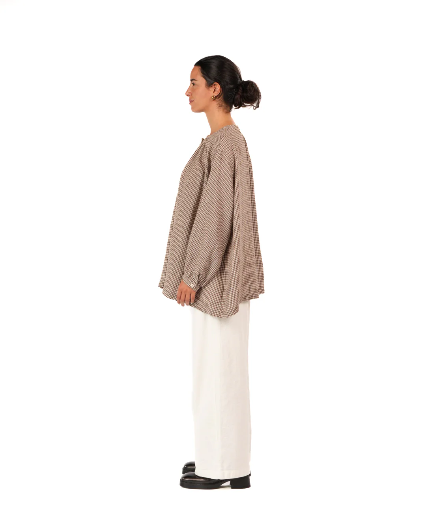 Montaigne - Carmen - Button Through Long Sleeve Top in Tiny Brown Gingham