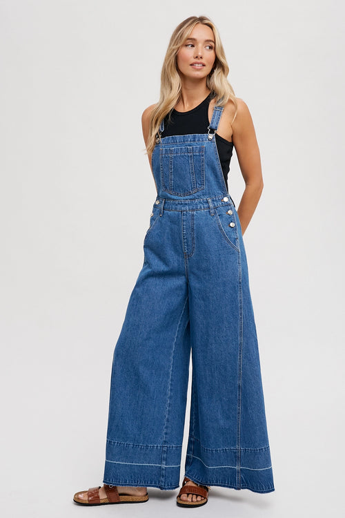 Denim Wide Legs Overalls - Medium Wash - LAST - Size S