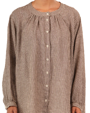 Montaigne - Carmen - Button Through Long Sleeve Top in Tiny Brown Gingham