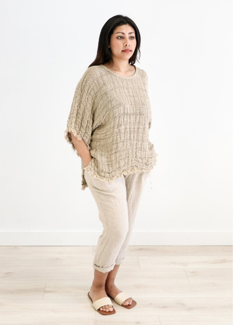 Rustic Linen ‘Aurora’ Fringed Wide Sleeves Top - Natural