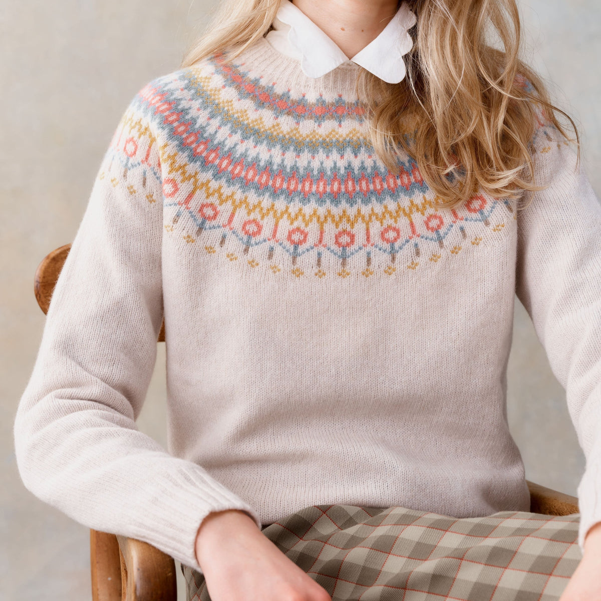 Harley of Scotland - Fairisle Yoke Crew Neck Sweater - Swansdown