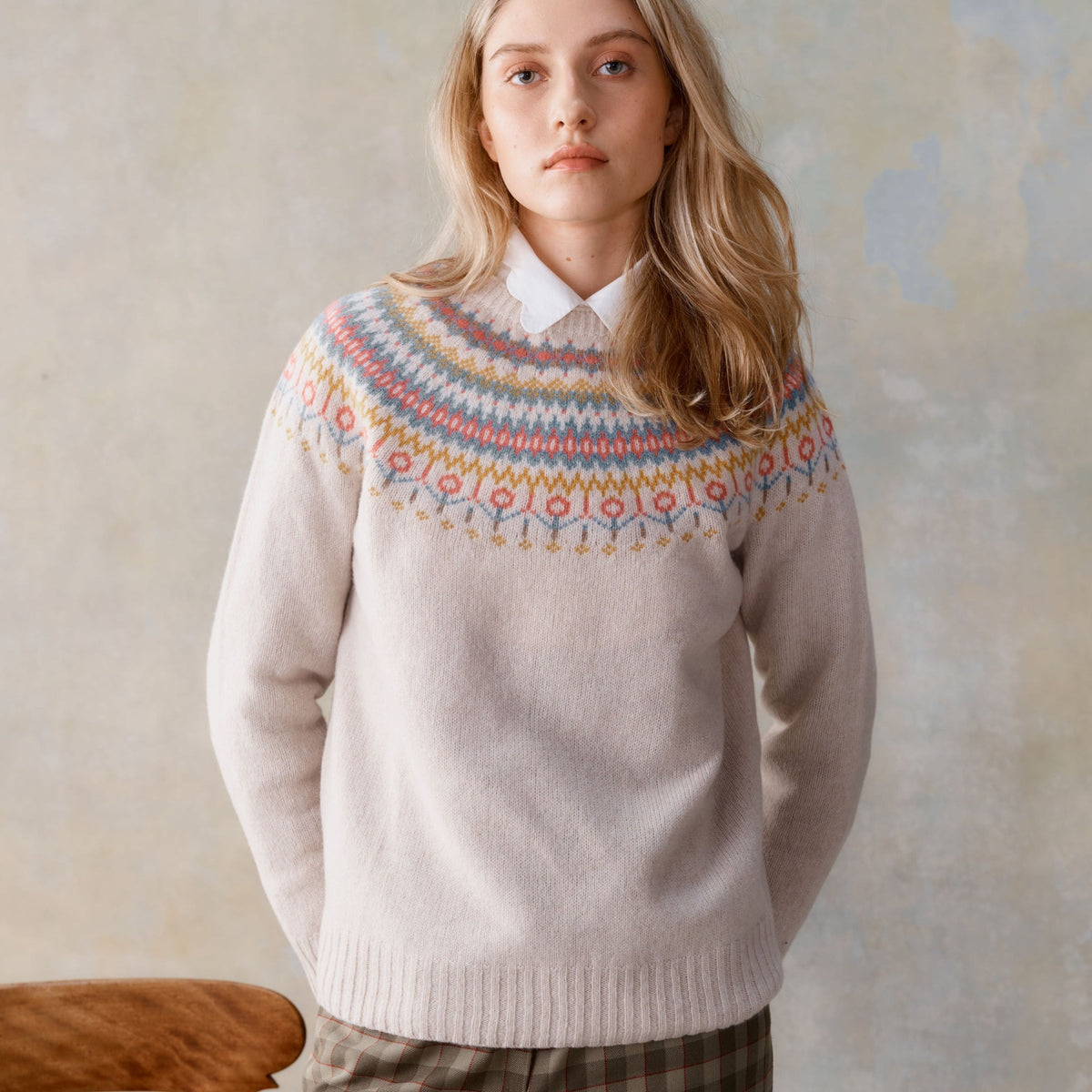 Harley of Scotland - Fairisle Yoke Crew Neck Sweater - Swansdown