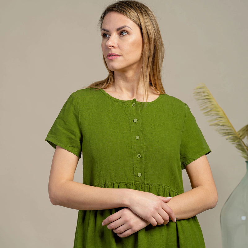 Lithuanian ‘Maria’ Linen Smock Dress - Forest Green