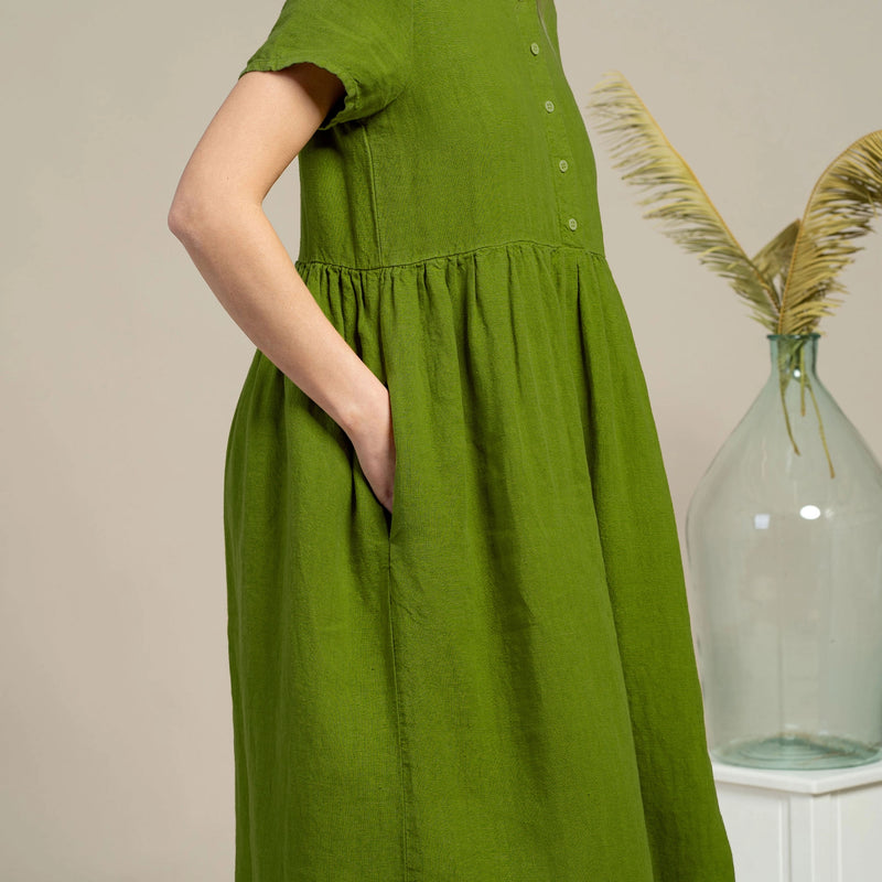 Lithuanian ‘Maria’ Linen Smock Dress - Forest Green